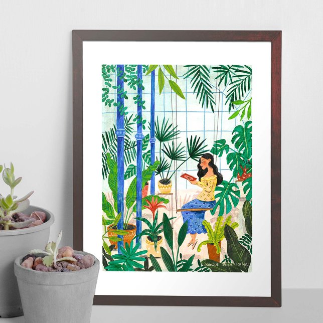 Girl in greenhouse reading illustration poster (Créateur téléchargé)