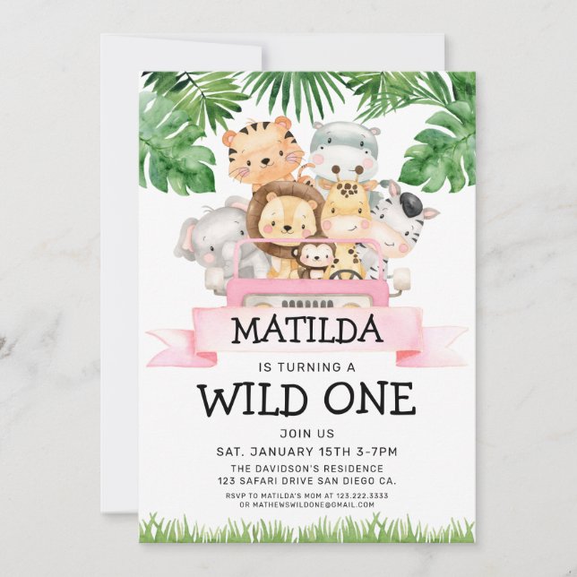 Girl Jungle Safari Wild Un Anniversaire Invitation (Devant)