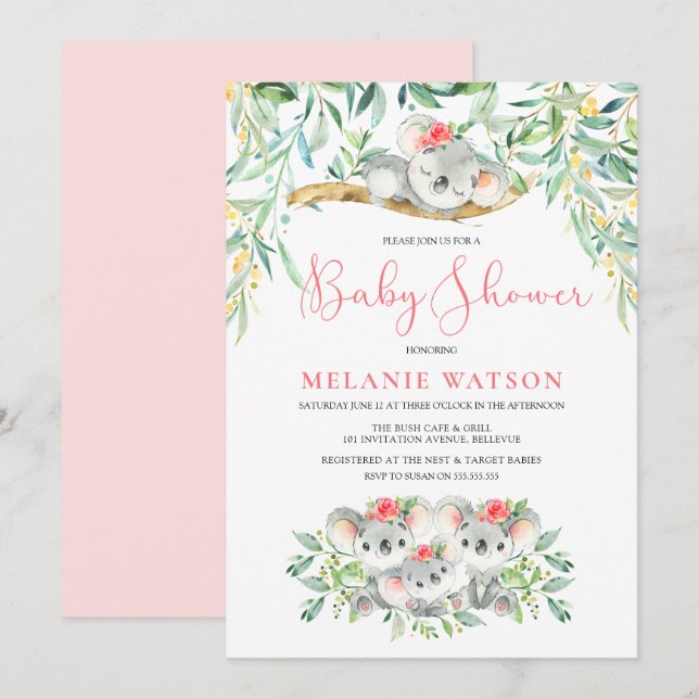 Girl Koala Bush Babies Baby Shower Invitations (Devant / Derrière)
