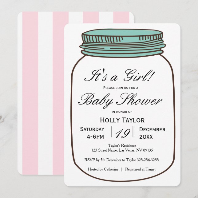 Girl Mason Jar Baby shower Invitation (Devant / Derrière)