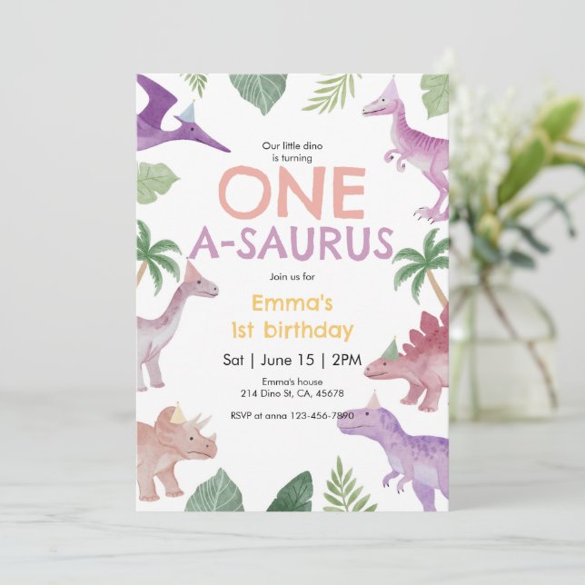 Girl One A Saurus Dinosaur 1st Birthday Invitation (Debout devant)