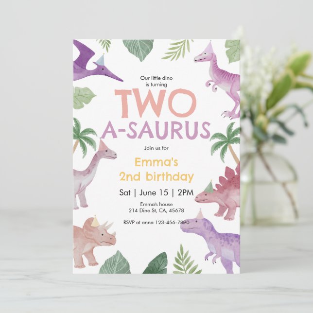 Girl One A Saurus Dinosaur Birthday Invitation (Debout devant)