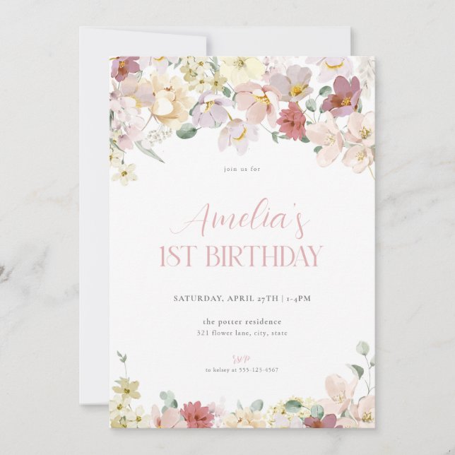 Girl Pastel Floral 1er Invitation Anniversaire (Devant)
