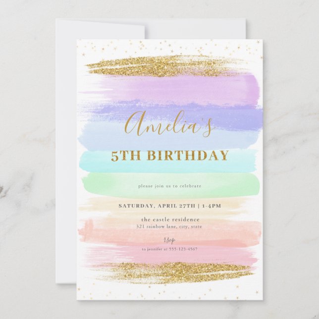 Girl Pastel Rainbow 5th Birthday Invitation (Devant)