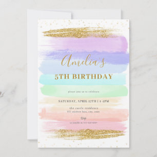 Girl Pastel Rainbow 5th Birthday Invitation