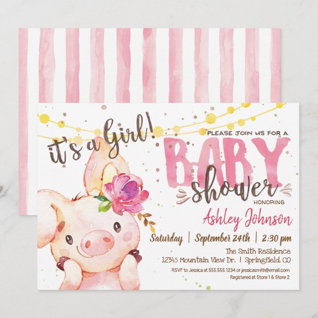 Girl Pig Baby shower ferme invitation ferme (Devant / Derrière)