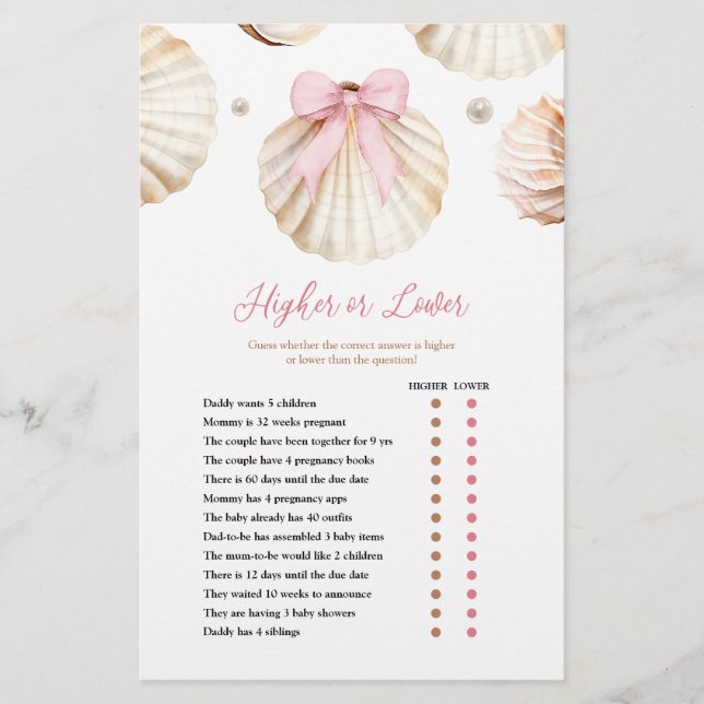 Girl Pink Bow Shell Baby Shower Higher or Lower  (Devant)