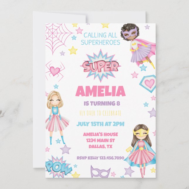Girl Pink Superhero Invitation d'anniversaire (Devant)