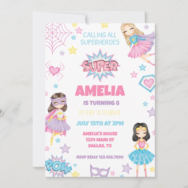 Girl Pink Superhero Invitation d'anniversaire (Devant)