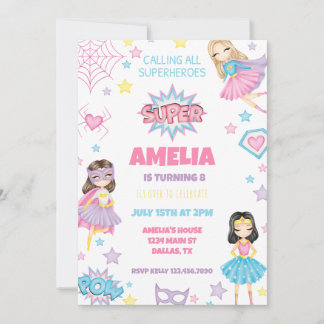 Girl Pink Superhero Invitation d'anniversaire