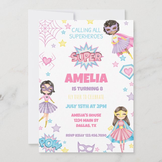 Girl Pink Superhero Invitation d'anniversaire (Devant)