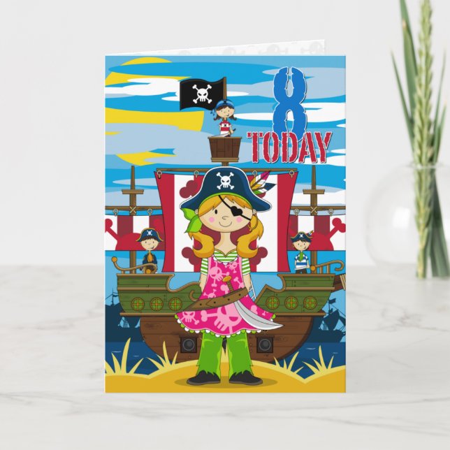 Girl Pirate Ship Scene 8e Anniversaire Carte (Devant)