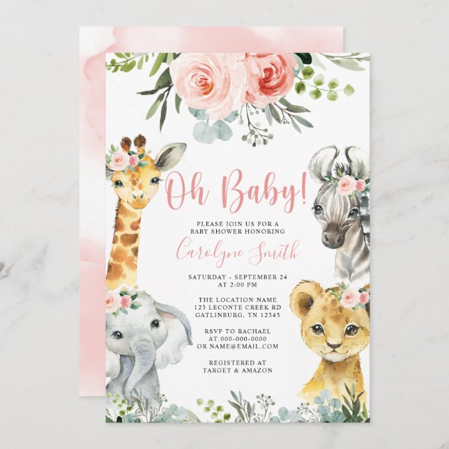 Girl Safari Animal Green Baby shower Invitation (Devant / Derrière)