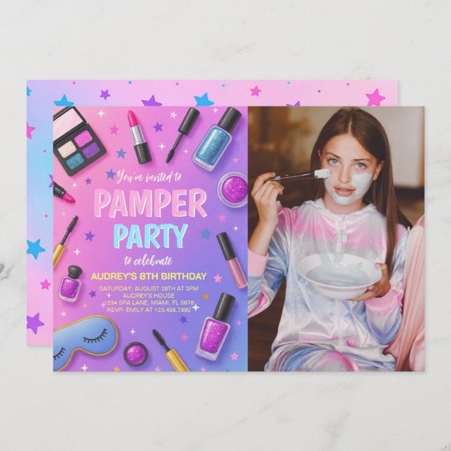 Girl Spa Pamper Party Birthday Photo Invitation (Devant / Derrière)