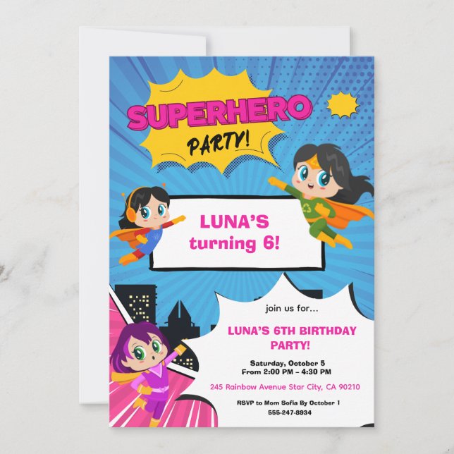Girl Superhero Birthday Invitation (Devant)