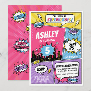 Girl Superhero Comic Invitation d'anniversaire