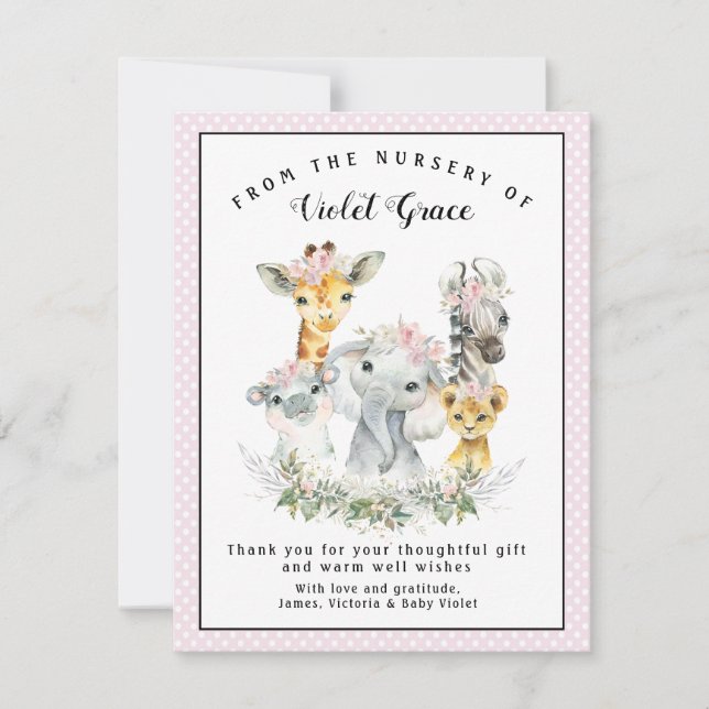 Girl Sweet Safari Baby shower Merci Cartes (Devant)