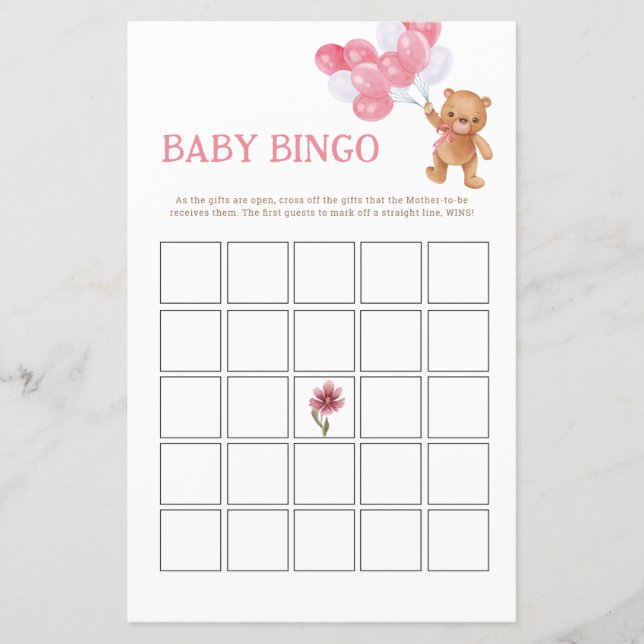Girl Teddy Bear Baby Bingo Carte de jeu (Devant)