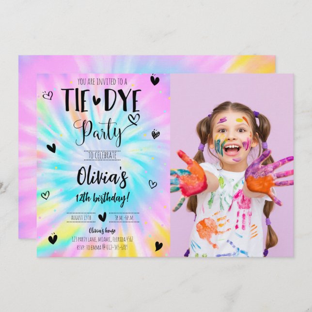 Girl Tie Dye Anniversaire Fête Photo Invitation (Devant / Derrière)