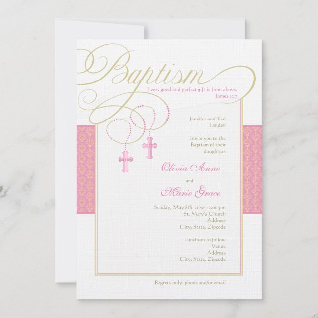 Girl Twins Damask Baptism Invitation (Devant)
