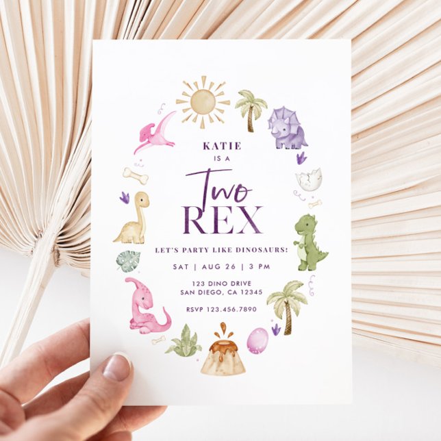 Girl Two Rex Dinosaur 2e Invitation d'anniversaire (Girl Dino 2nd Birthday Invitation)