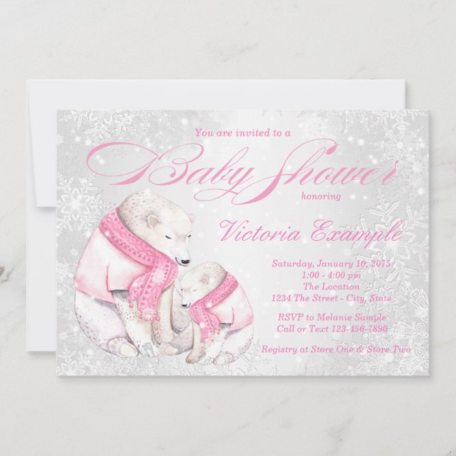 Girl Winter Wonderland Bear Baby shower Invitation (Devant)