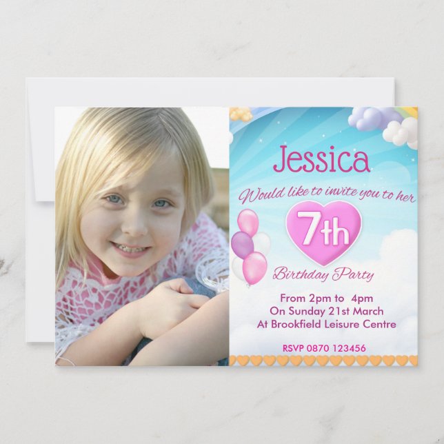 Girls 7th Birthday Party Photo Invitation Pink (Devant)