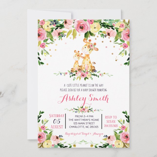 Girls Baby Giraffe Baby Shower Invitations (Devant)