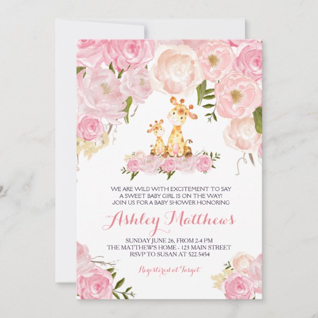 Girls Baby Giraffe Baby Shower Invitations (Devant)