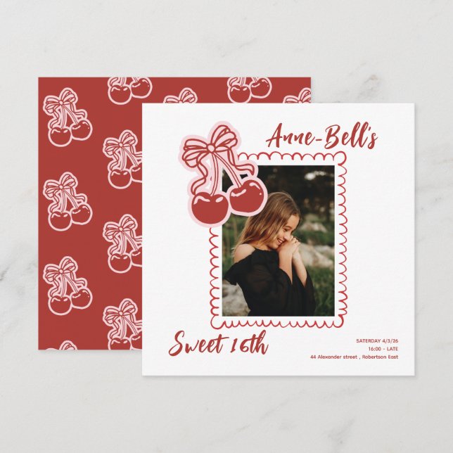 Girls Cherry Sweet 16th Birthday Invitation (Devant / Derrière)