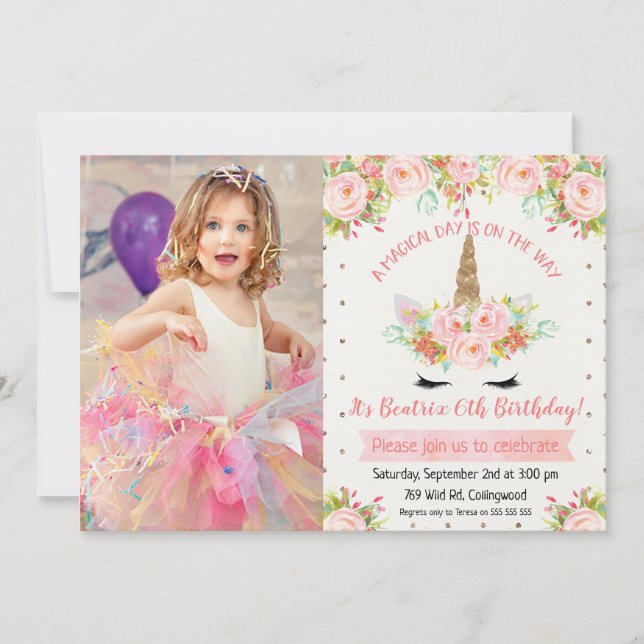 Girls Floral Unicorn Photo Anniversaire Invitation (Devant)