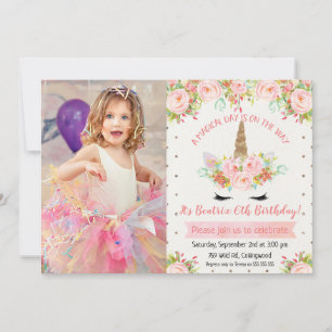 Girls Floral Unicorn Photo Anniversaire Invitation