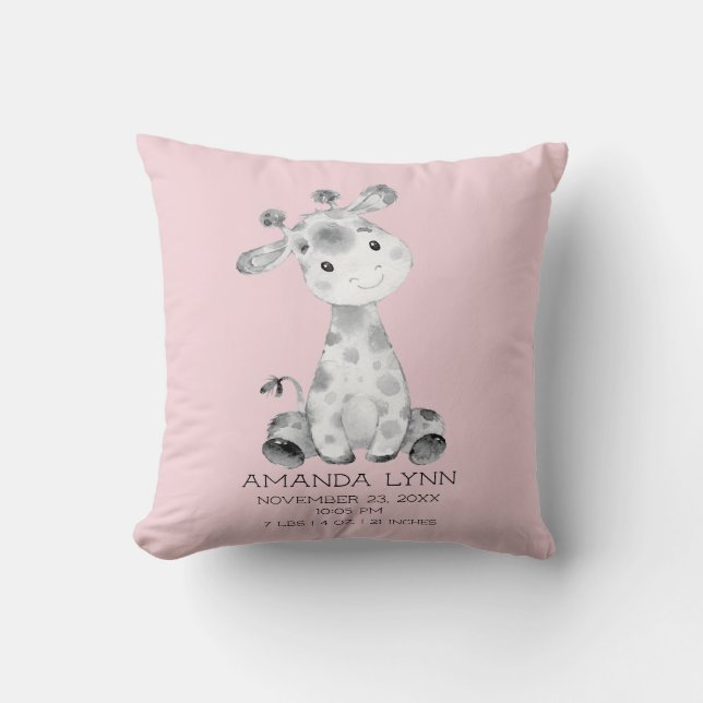 Girls Giraffe Baby Birth Stats Coussin (Recto)