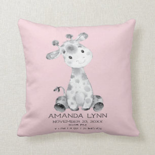 Girls Giraffe Baby Birth Stats Coussin