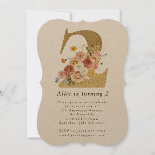 Girls Gold Floral 2e Invitation de fête d'annivers