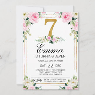 Girls Pink & Gold 7th Birthday Invitation