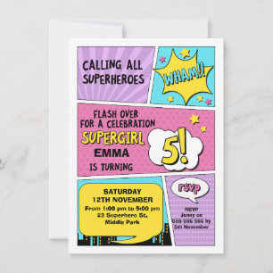 Girls Pink Superhero 5e anniversaire Invitation