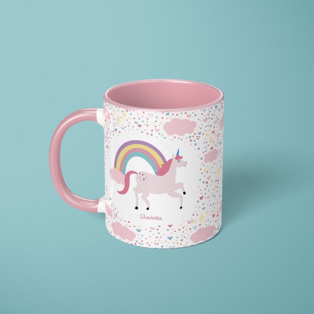 Girls Pink Unicorn Rainbow Sparkle avec nom Mug (Créateur téléchargé)