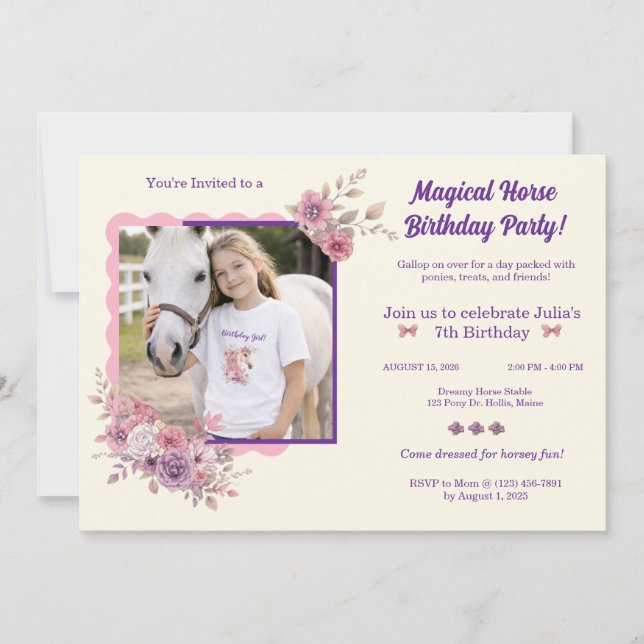 Girls Pretty Ponies Pastel Floral Horse Invitation (Devant)