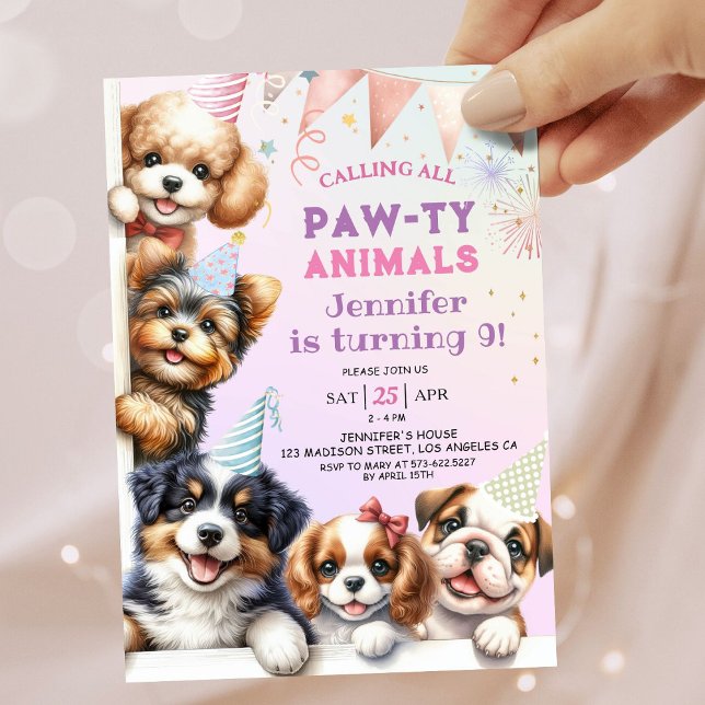 Girls Puppy Lets Pawty 9th Birthday Invitation (Créateur téléchargé)