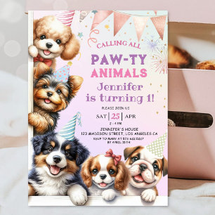 Girls Puppy Pawty 1er Anniversaire Fête Invitation