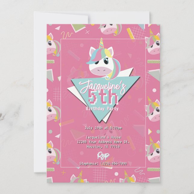 Girls Retro rose Unicorn Invitation Anniversaire (Devant)