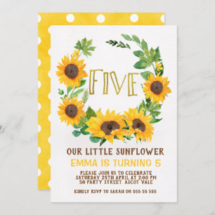Girls Sunflower Wreath 5th Birthday Invitation