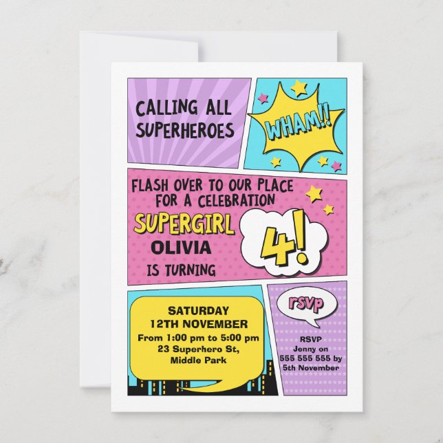 Girls Superhero 4e anniversaire Invitation (Devant)