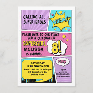 Girls Superhero 8e anniversaire Invitation