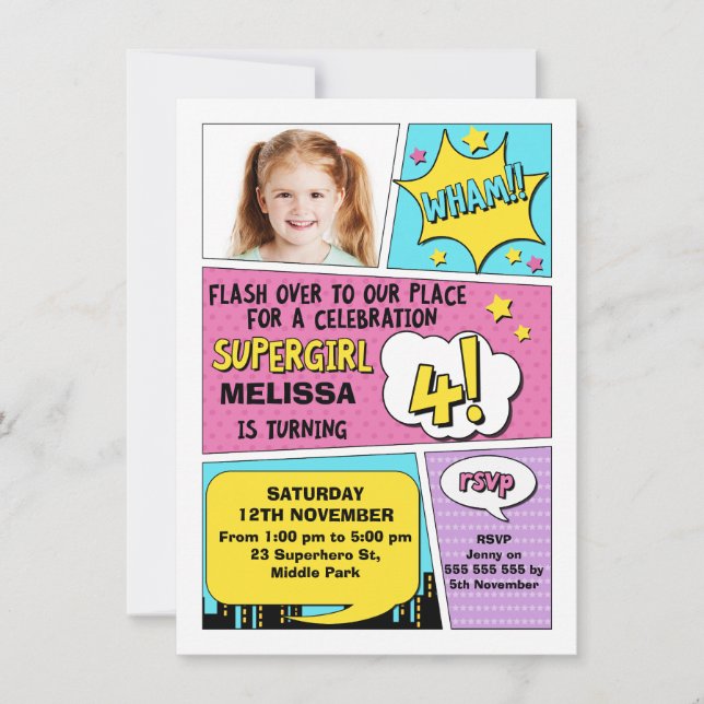 Girls Superhero Photo 4e anniversaire Invitation (Devant)