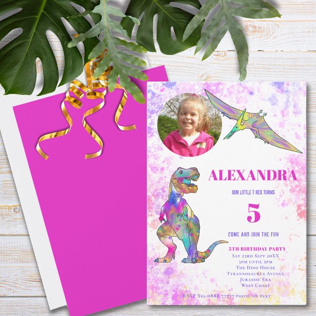 Girls T Rex 5e anniversaire Photo Pink Invitation (Colorful Dinosaur girls photo 5th birthday party invitation bright pink)