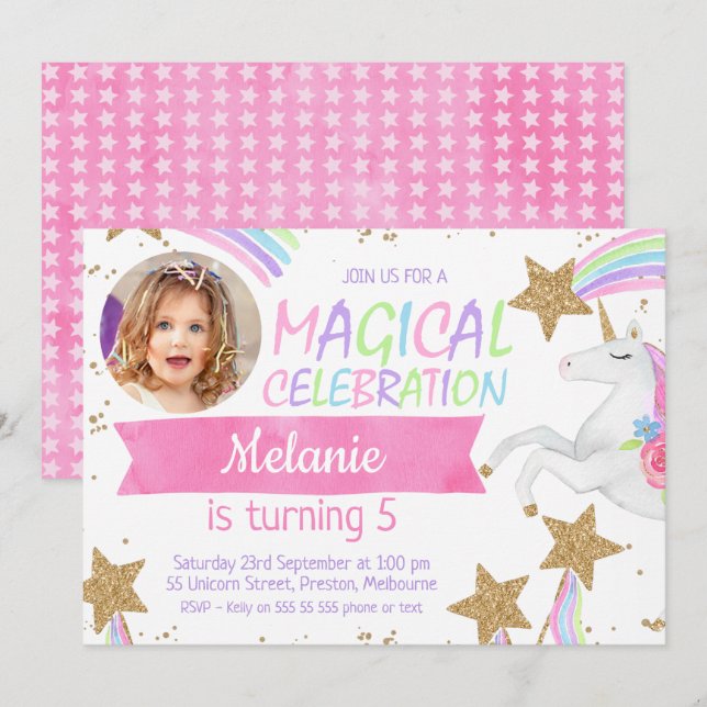 Girls Unicorn Photo Anniversaire Invitation (Devant / Derrière)
