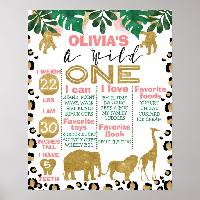 Girls Wild One Safari Theme Milestone Poster (Devant)