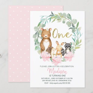 Girls Woodland Wreath First Birthday Invitation